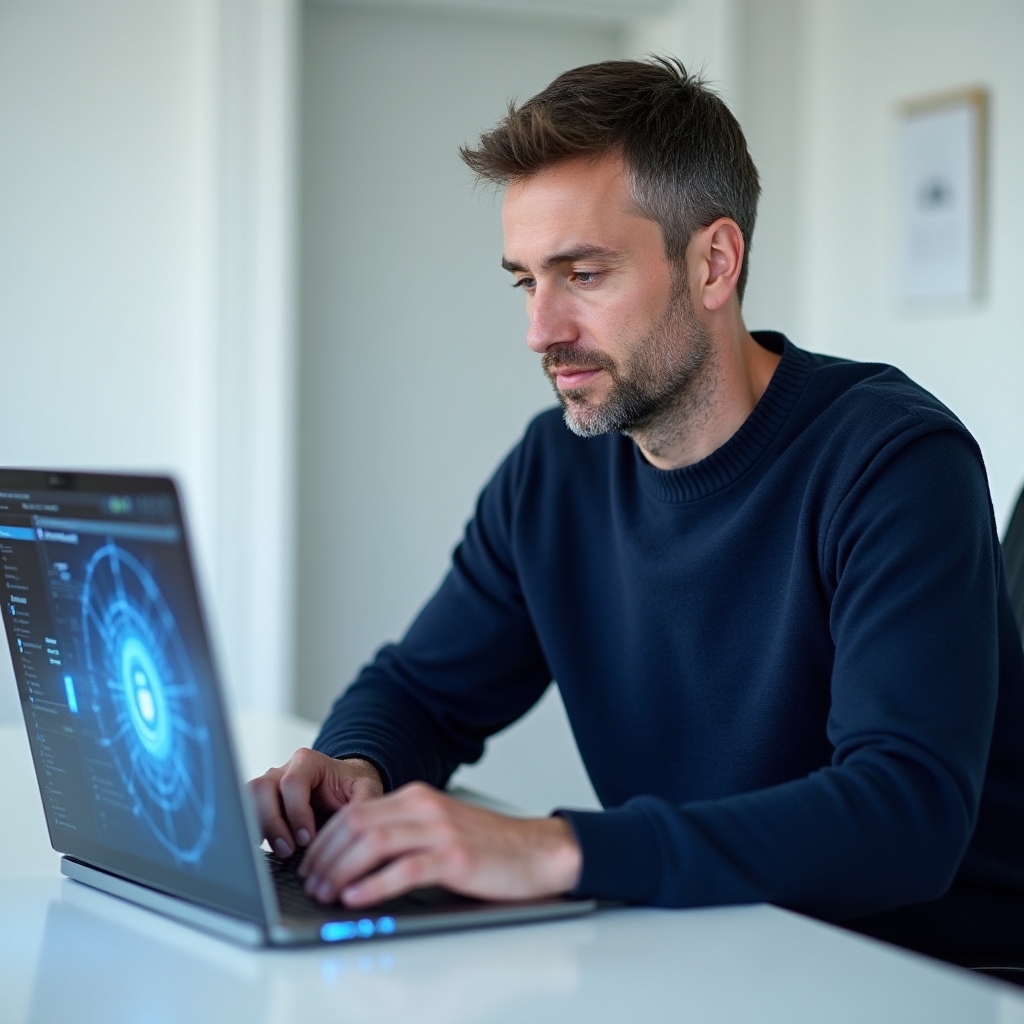 Persoană care verifică informații pe portalul ANAF pe laptop
